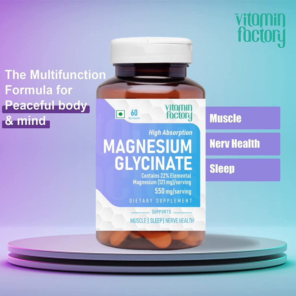The Vitamin Factory Magnesium Glycinate Supplement - High Absorption Magnesium Supplements For Both Men & Women, Supports Sleep, Muscles & Nerve Health Supplements, 60 Vegetable Capsules