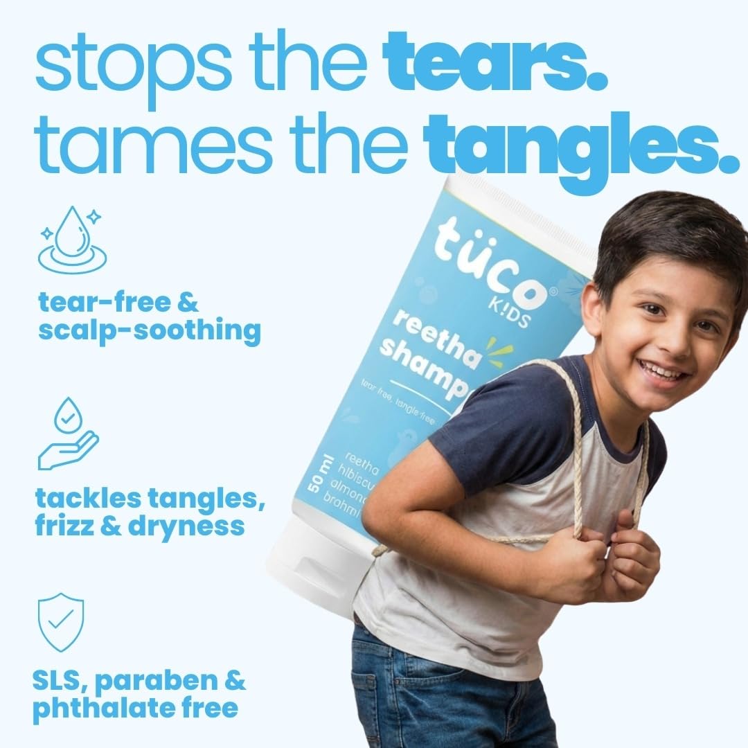 Tuco® Kids Shampoo 50 ml With Hibiscus, Soapnut, Almond | Mild, Conditioning & Nourishing | All Type Hair | Ages 2-5, 4-10, 10-15, 5-10 Years | Paraben, SLS, Sulphate & Tear Free | pH 5.5, Vegan