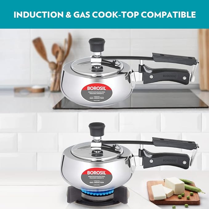 Borosil Pronto Induction Base Inner Lid Stainless Steel Pressure Cooker | 6.8 Mm Thick Base | 1 Litres