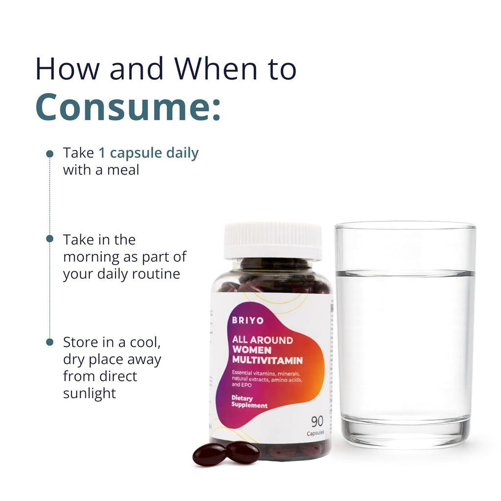 Briyo Womenâ€™s Multivitamin All Around Women Multivitamin- 38 nutrients in 1 conveniently sized capsule (Vitamins, Minerals, Natural extracts, Amino acids & more) Overall Health and Immune Support