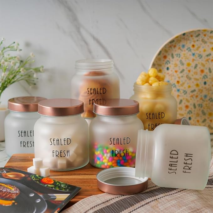 Femora Kitchen Storage Jars Frosted Glass Jar With Steel Lid Air Tight Jar | 700 Ml | Pack of 1 | Golden Lid