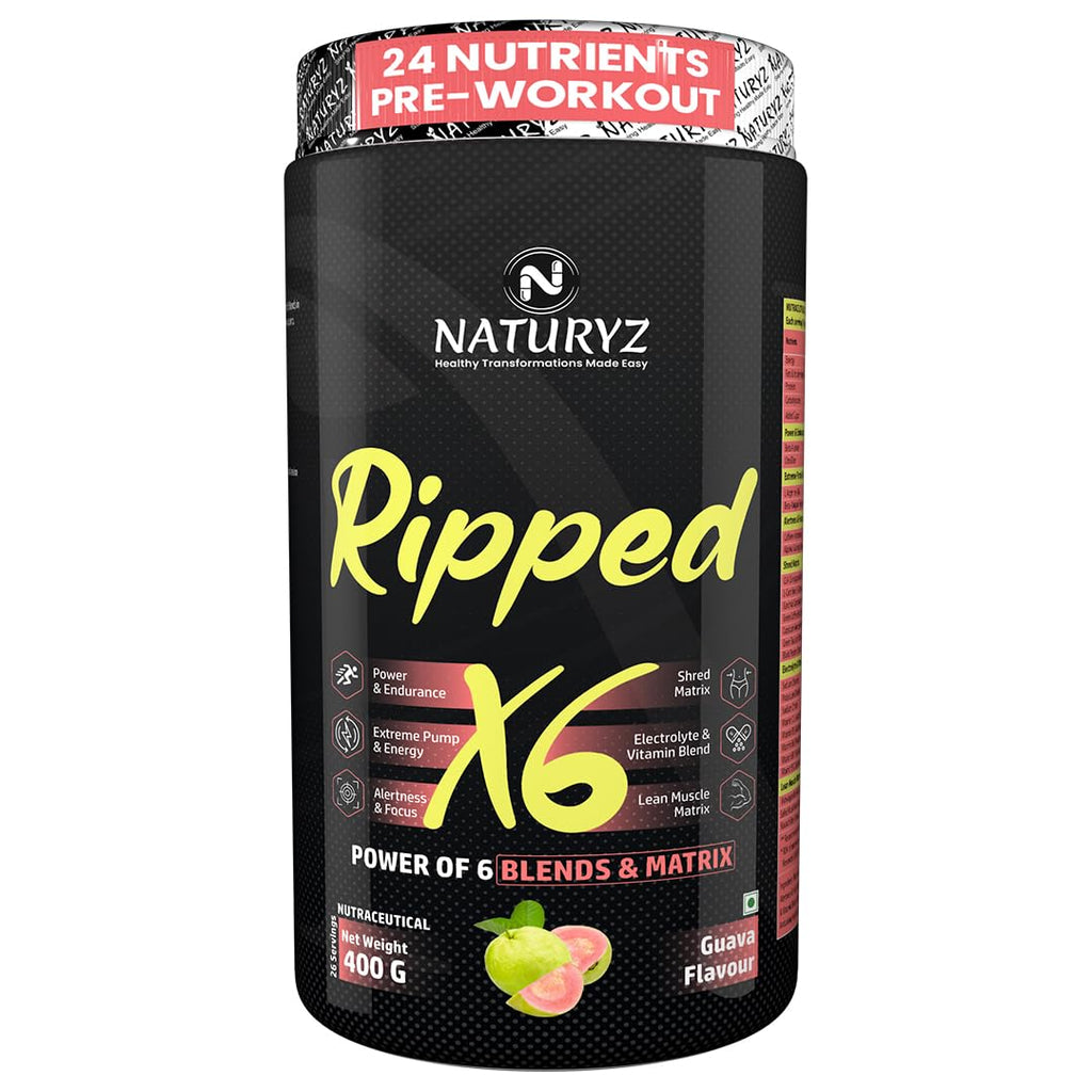 Naturyz Ripped X6 Pre Workout With Highest 24 Nutrients For Extreme Pump,Power,Endurance,Energy,Focus, For Fitness Enthusiasts,Athletes & Bodybuilders- 400 grams (Guava Flavour) - Powder, 1 count