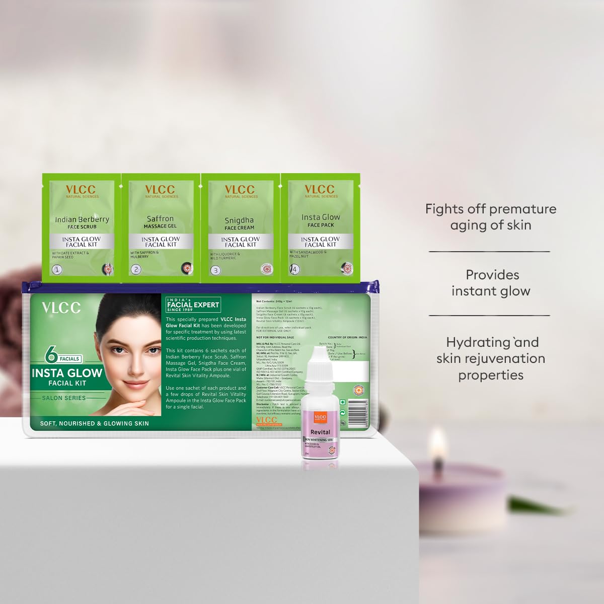 VLCC Salon Series Insta Glow Facial Kit (6 Facials) - 240g + 12ml | Fights Premature Ageing | Youthful Glow Facial Kit with Saffron & Berberry | Anti-Microbial and Complexion Brightening