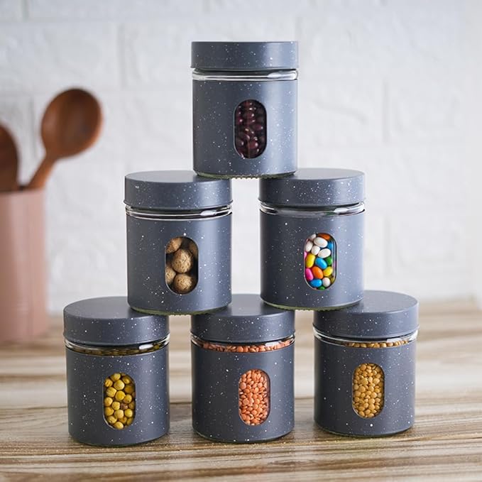 Femora Carbon Steel Jar for Kitchen Storage With Clear Glass Window and Carbon Steel Lid | 300 Ml | 3pc Set | Blue- Green