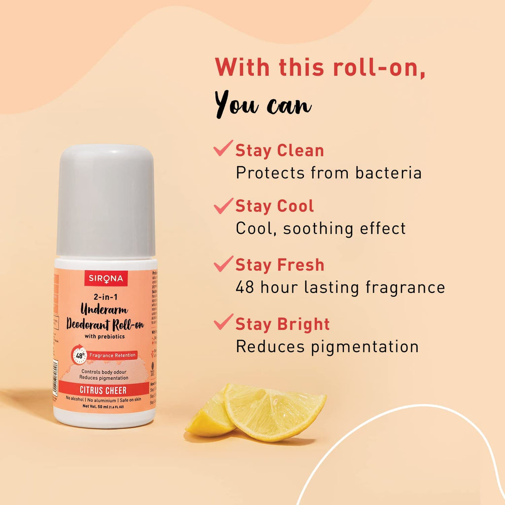 Sirona Underarm Roll On -50 ml (Pack of 1) | with 0.5% Prebiotic, 0.5% Niacinamide & 0.1% Hyaluronic Acid | Prevents Body Odour & Exfoliates Underarms | Lemon Fragrance | Alcohol & Aluminium Free