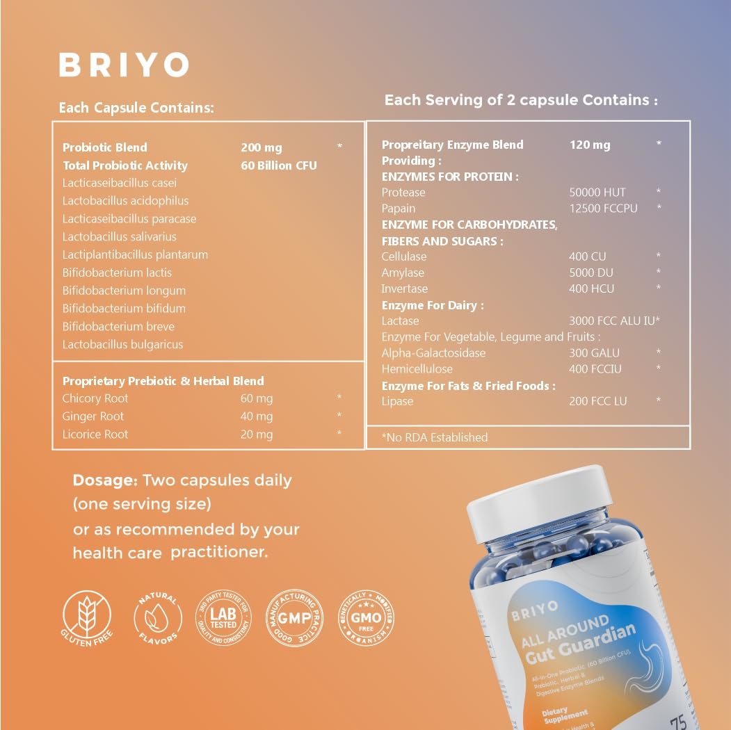 Briyo Gut Health Support â€“ 60 Billion CFU Probiotics with Prebiotics, Digestive Enzymes & Herbs | Gut Guardian Formula to Boost Good Gut Bacteria, Support Digestion & Immunity, and Relieve Bloating & Gas