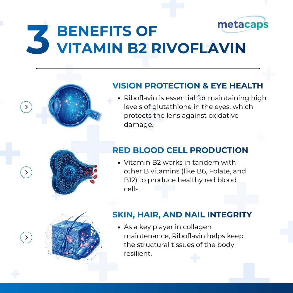 MetaCaps Vitamin B2 Riboflavin– 90 Veg Capsules | High-Potency Metabolic Spark for Energy & Mitochondrial Support | Promotes Neurological Health & Vision