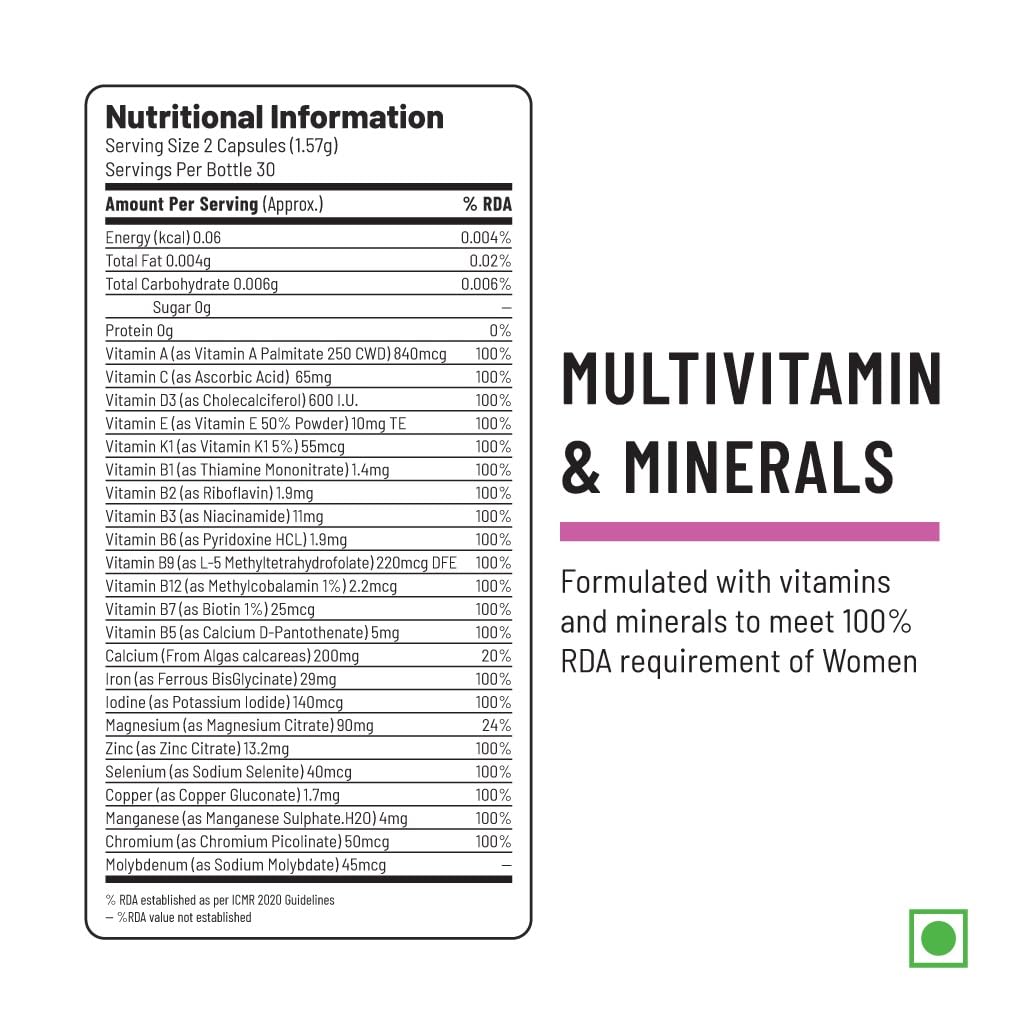 Unived Basics Multivitamin & Minerals For Women, 100% Rda Of All Vitamins With Algae Calcium & Plant-Based Vitamin D3 Plus Important Minerals, Complete Formulation For Health & Wellbeing - Capsule