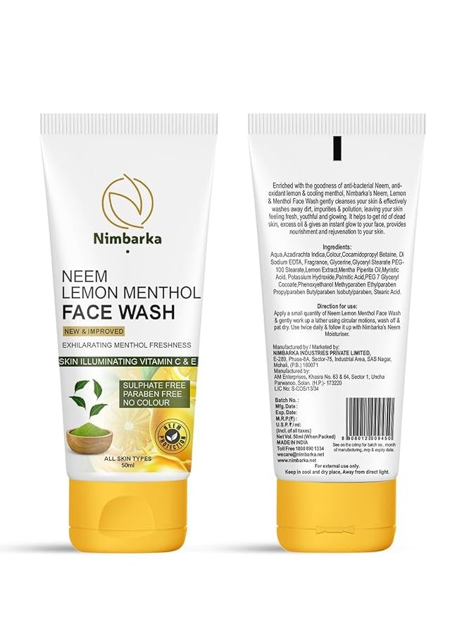 Nimbarka Neem Lemon Menthol Face Wash with Vitamin C & E - 50 ml