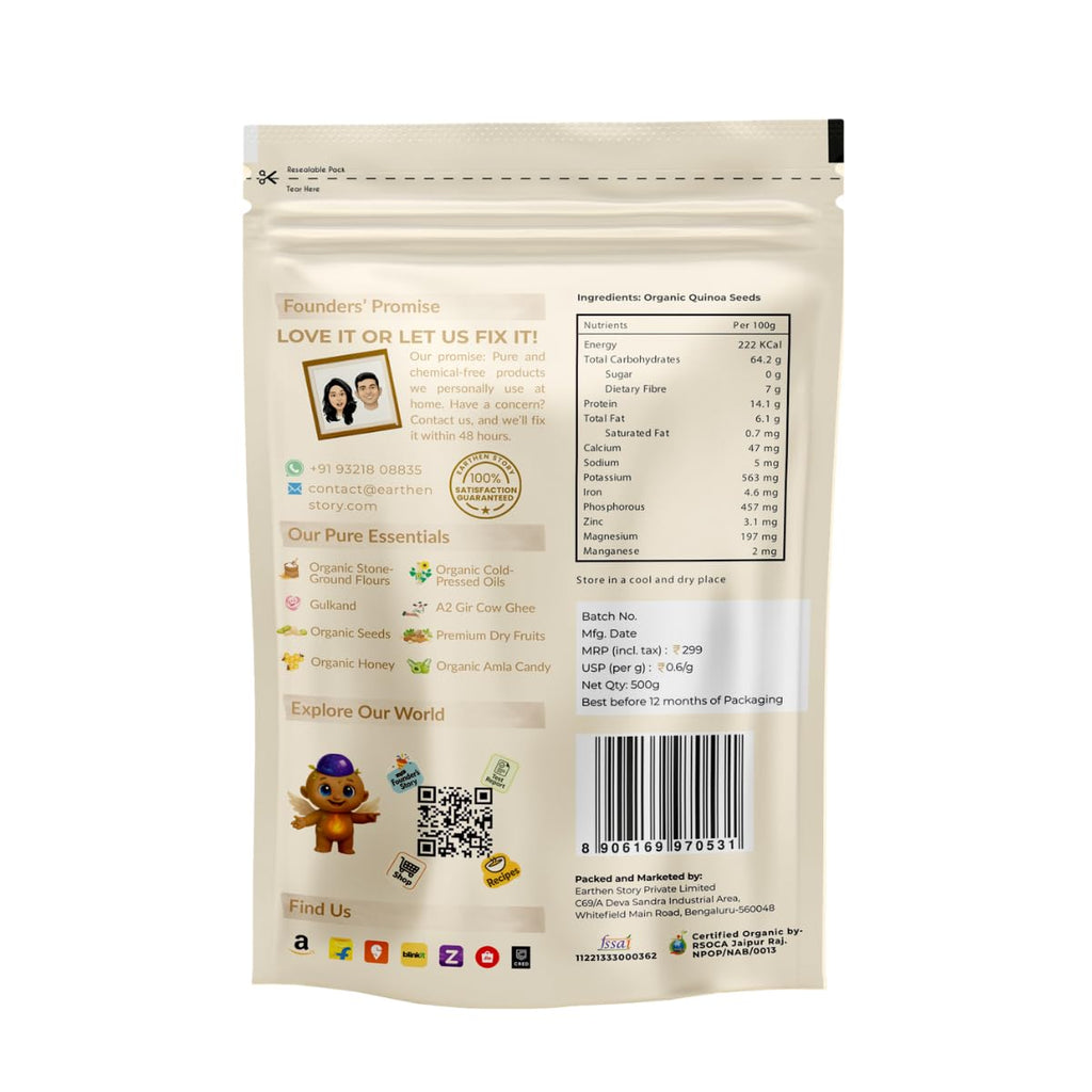 Earthen Story Certified Organic Raw Quinoa Seeds 500 g | Lab Tested for 200+ Pesticides | NPOP Approved & Traceable with Transaction Certificate | Gluten-Free, High Protein & Fibre