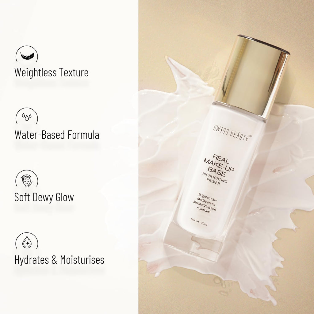 Swiss Beauty Real Makeup Base Highlighting Primer| Skin-Hydrating Poreless Primer With Natural Glow Finish For Face Makeup |Shade - 03 Pink Tint, 32Ml