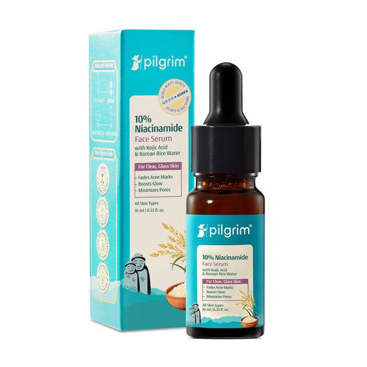 Pilgrim 10% Niacinamide Face Serum for Acne Marks with Korean Rice Water - 10 ml | Fades Dark Spots, Controls Oil, Minimizes Pores, Strengthens Skin Barrier | Quick Absorbing | For All Skin Type