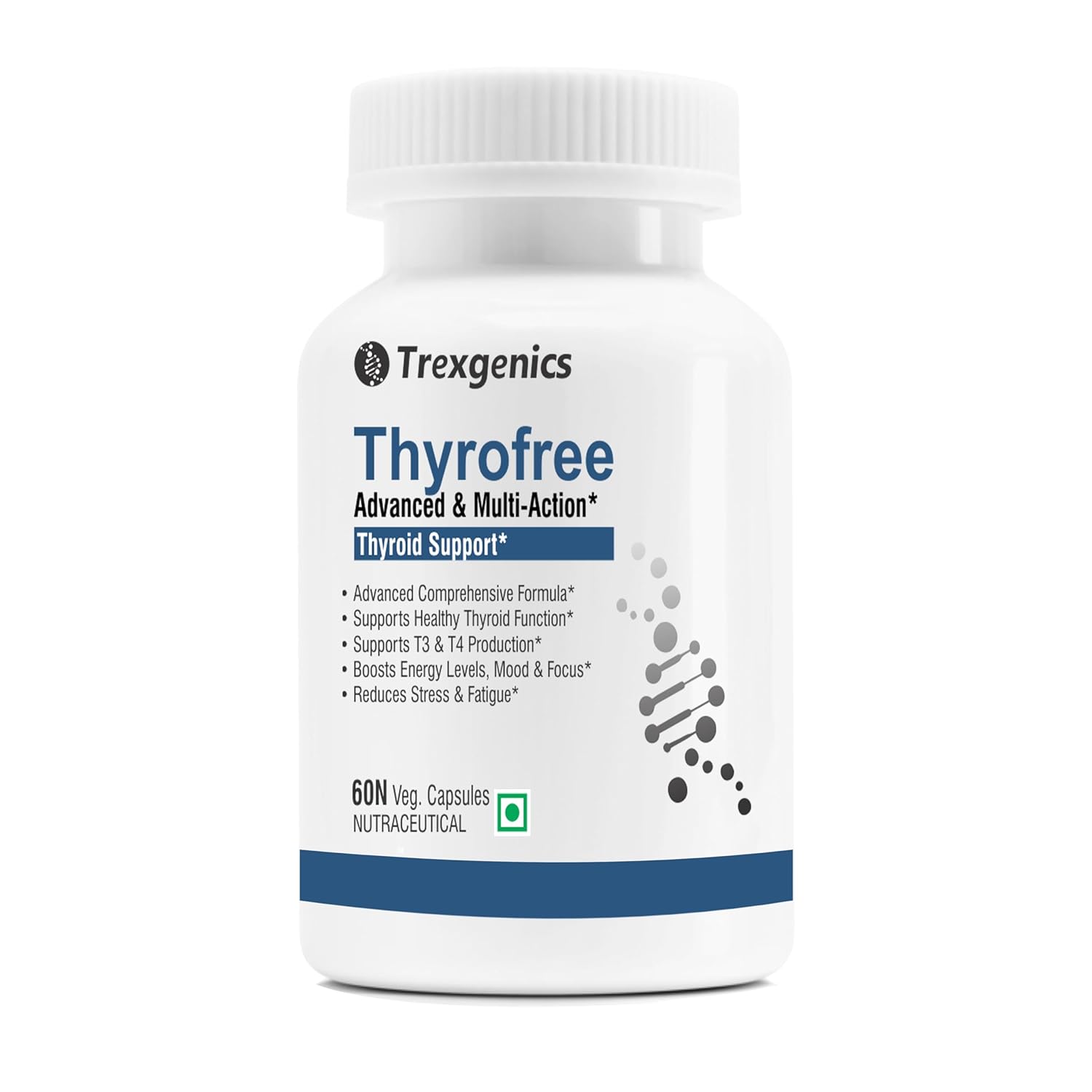 Trexgenics THYROFREE Comprehensive Thyroid Support with Ashwagandha 5%,Natural Herbs,Tyrosine,Magnesium,Iodine,Vitamin C,B-Complex,D3,Zinc,Selenium & Chromium (60 Veg. Capsules) (Pack of 1),60 grams