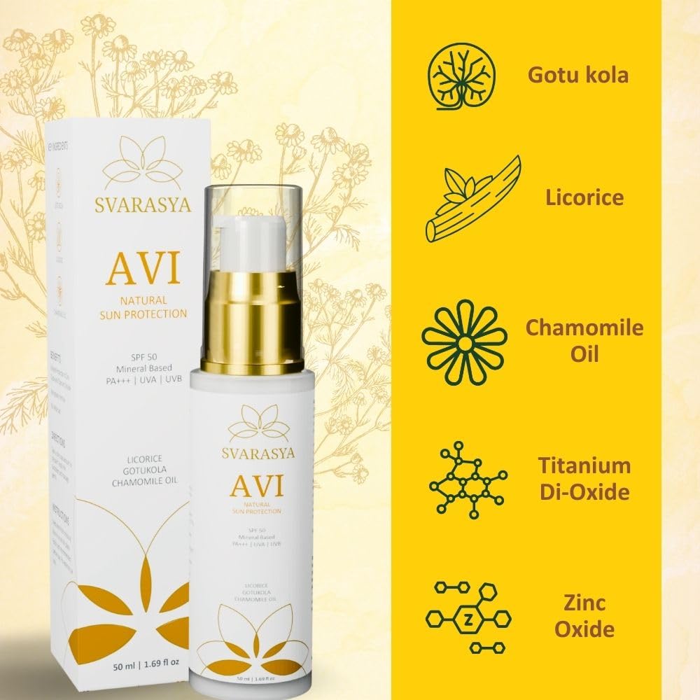 SVARASYA AVI Mineral Sunscreen SPF 50 Pa+++ | 50ml Sunscreen with Zinc Oxide & Titanium Dioxide | UVA, UVB Sun Protection | Lightweight Sun Cream for Men & Women | For Dry & Oily Skin | All Skin types