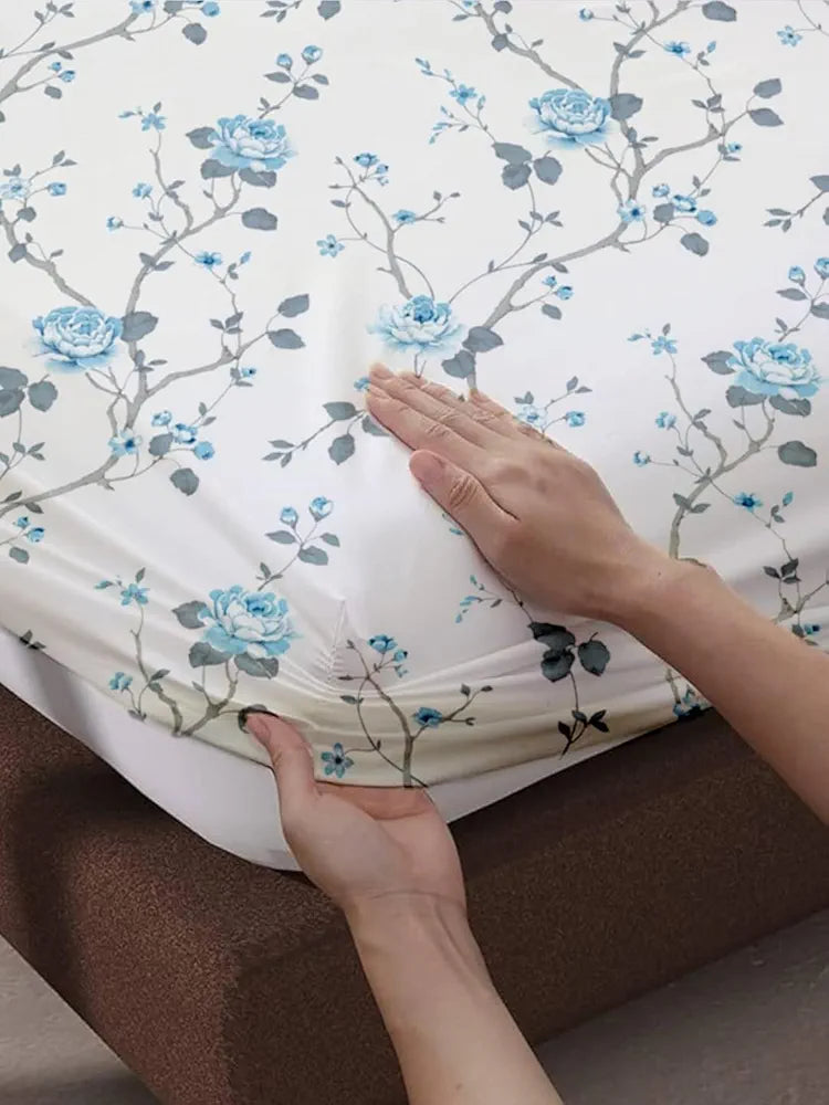 Trance Home Linen 180TC 100% Cotton 78"x60" Standard Queen Size Elastic Fitted Bedsheet Printed Queen Bed Size with 2 Pillow Covers Aster Blue