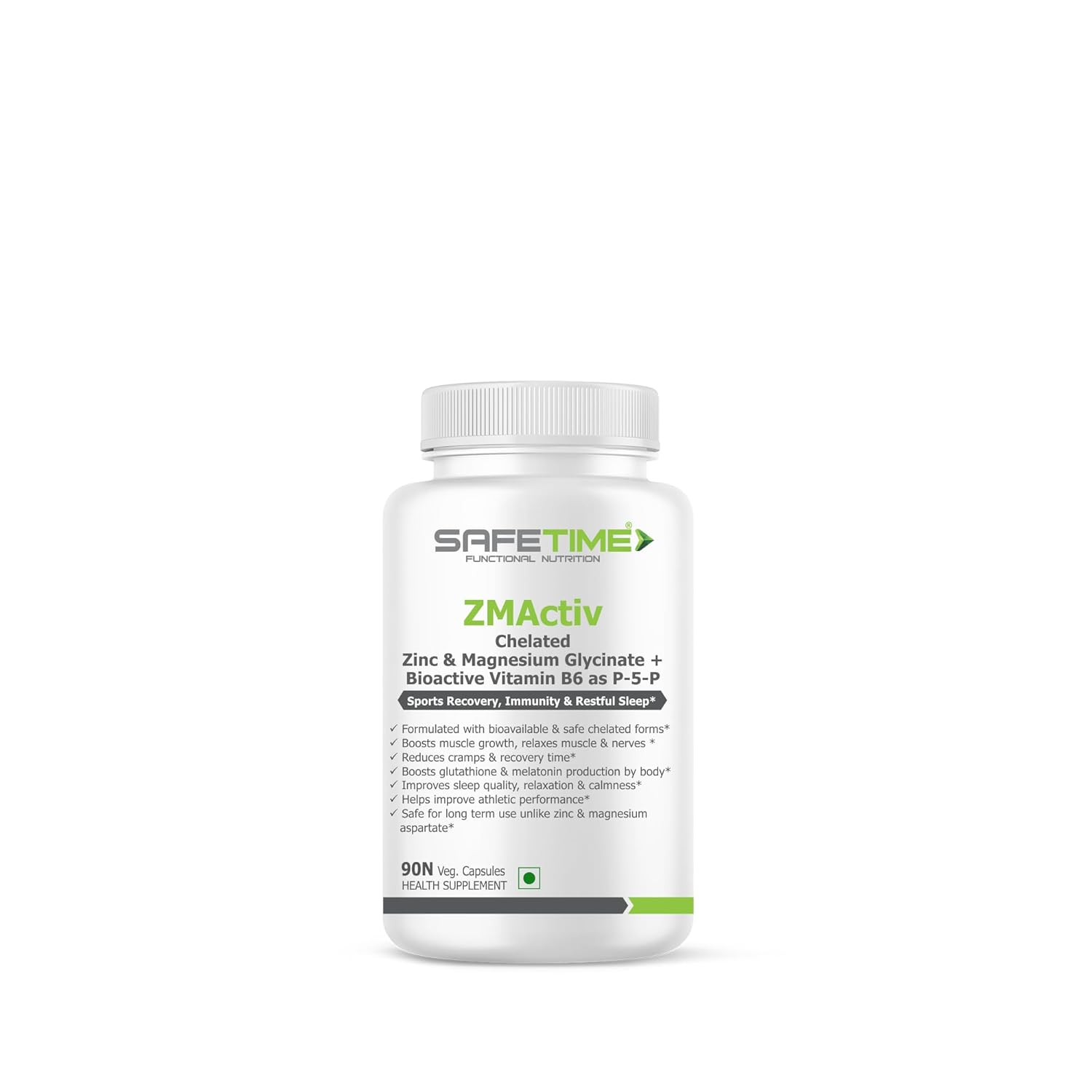 ZMActiv ZINC & MAGNESIUM GLYCINATE with ACTIVE VITAMIN B6 P5P Sports Recovery, Restful Sleep, Immunity, Glutathione Booster, Bioavailable, Safe (90 Veg Capsules)