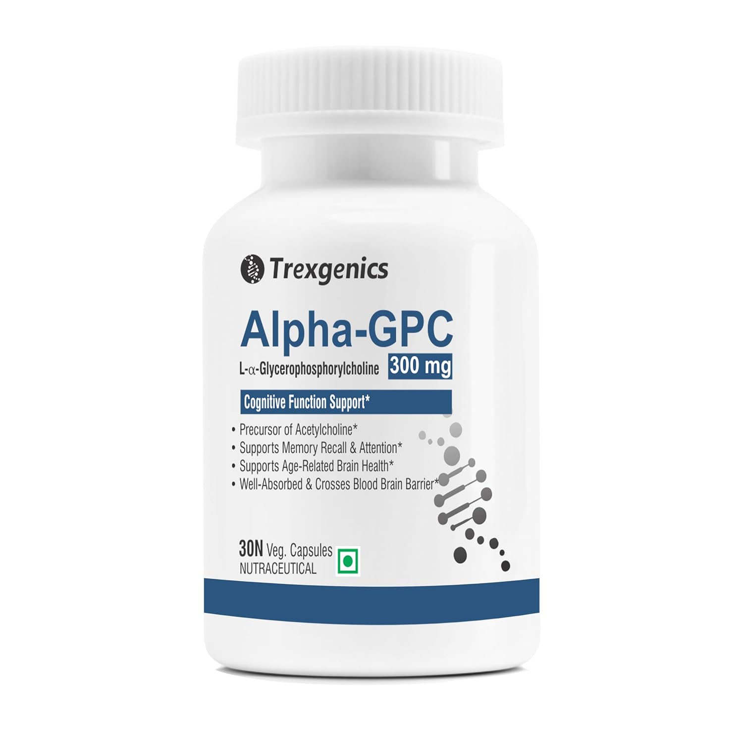Trexgenics ALPHA-GPC 300 mg L-Î±-Glycerophosphorylcholine Cognitive Function, Brain Health Support (30 Veg Capsules)