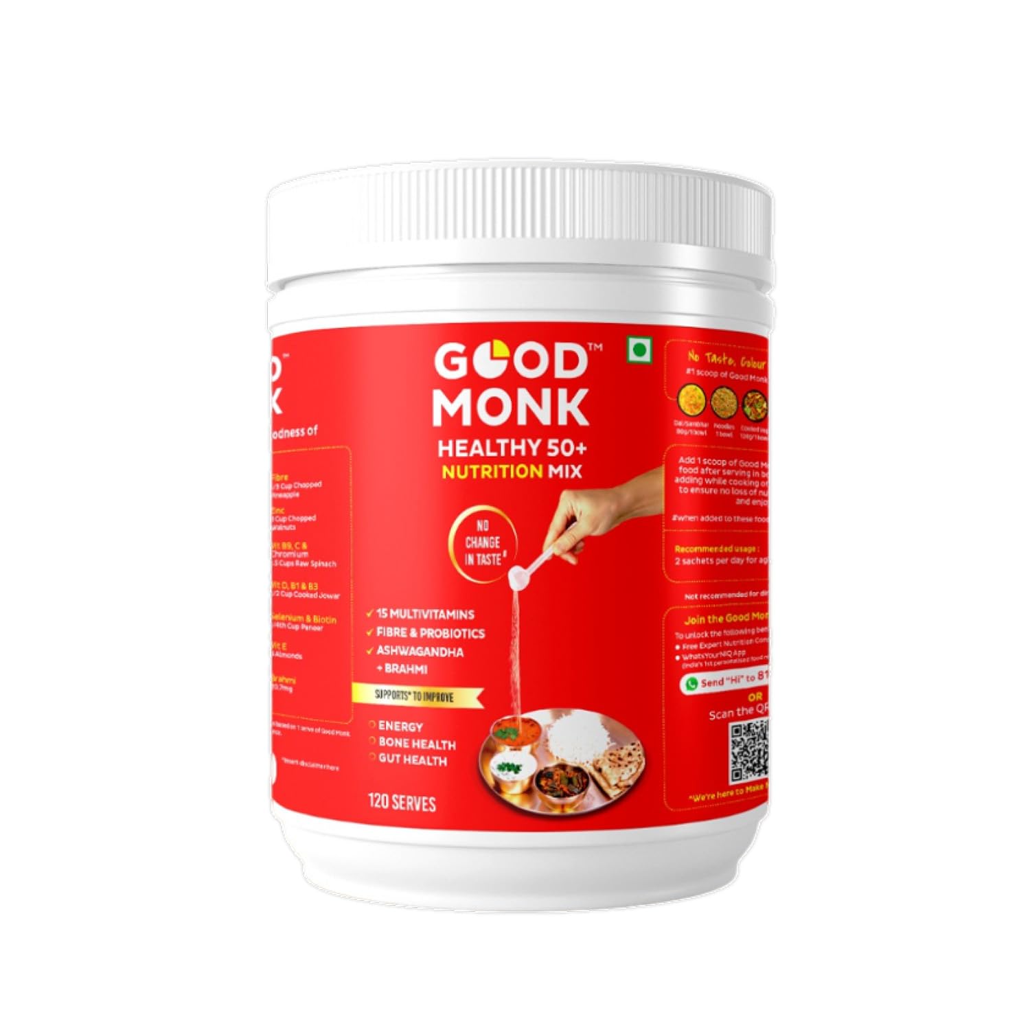 Good Monk Healthy 50+ Multivitamin for Senior Men & Women | For Energy, Bone & Gut Health | With Probiotics, Fibre, Ashwagandha, Vit. B12, C, D, Iron, Zinc | Add To Food - No Taste Change | 120 Serves Jar