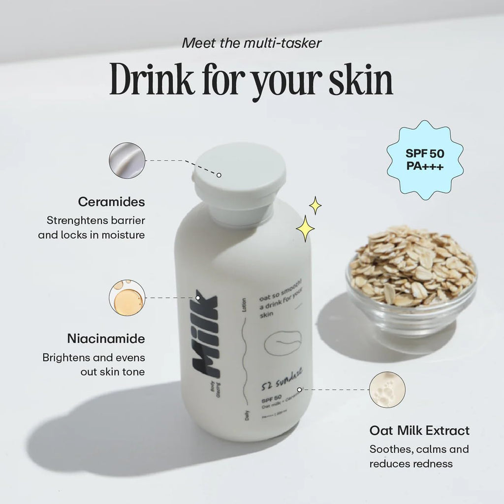 52 Sundaze Body Glazing Milk SPF 50 PA++++ | Hydrating Sunscreen Body Lotion with Oat Milk, Ceramides & Niacinamide | Lightweight Quick-Absorbing Formula | Non-Sticky, Non-Greasy Finish | Reduce Tan | No White Cast | All Skin Types | 200 ml