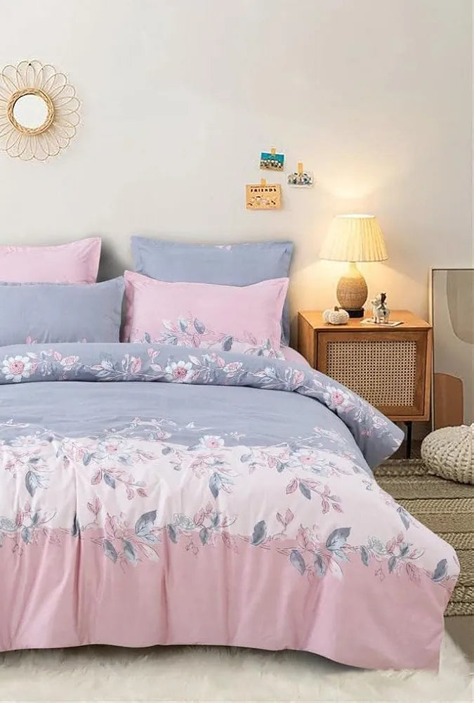 The Home Style 400 TC Cotton Elastic Fitted All Around Printed Queen Size Double Bed Bedsheet wih 2 Pillow Cover Pink Lavender