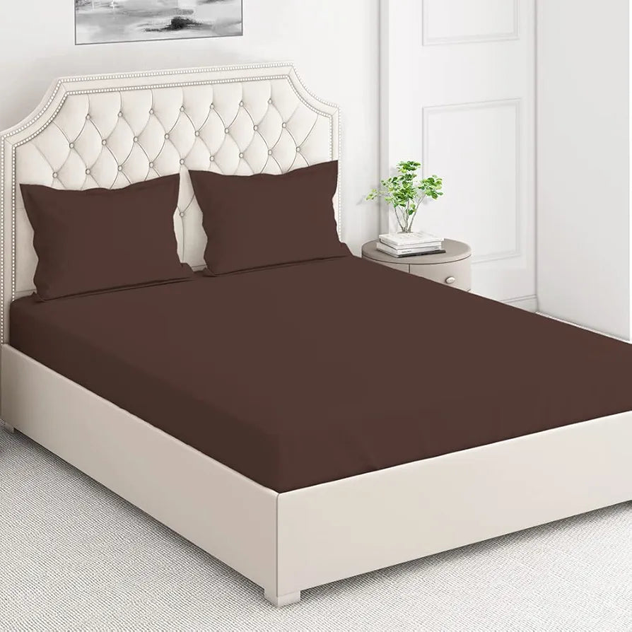 Layers Cotton 144TC Elastic Fitted Bedsheet for Double Bed King Size with 2 Pillow Covers Dark Brown Solid Pattern Color