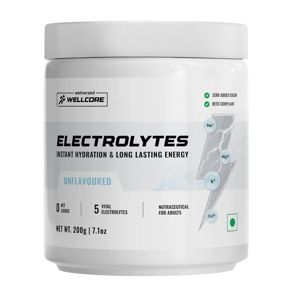 Wellcore - Electrolytes (Unflavoured, 200g)| Electrolyte Drink With 5 Vital Electrolytes: Na, Mg, Ca, K, PO4|Sugar Free Electrolyte Powder|Fat Fuel Powered Keto Electrolyte, 1 count, 57 Servings