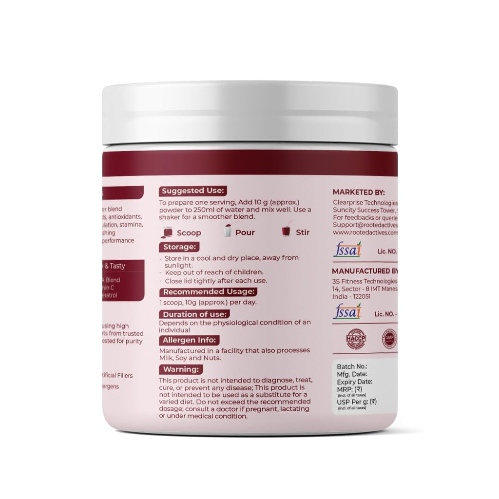 Rooted Actives Power Beets (250 grams) - Organic Beet root powder with L arginine,L Carnitine,BCAA,Reservatrol & Stevia|Heart,Endurance,Nitric oxide booster| Beets Powder Supplement & Pre Workout