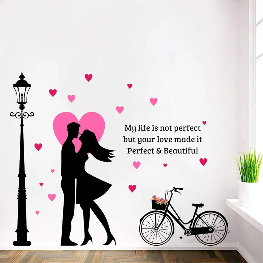 Decal O Decal Vinyl Love Couple with Street Lamp and Cycle Wall Sticker 49.21 x 0.39 x 39.37 inches Multicolour