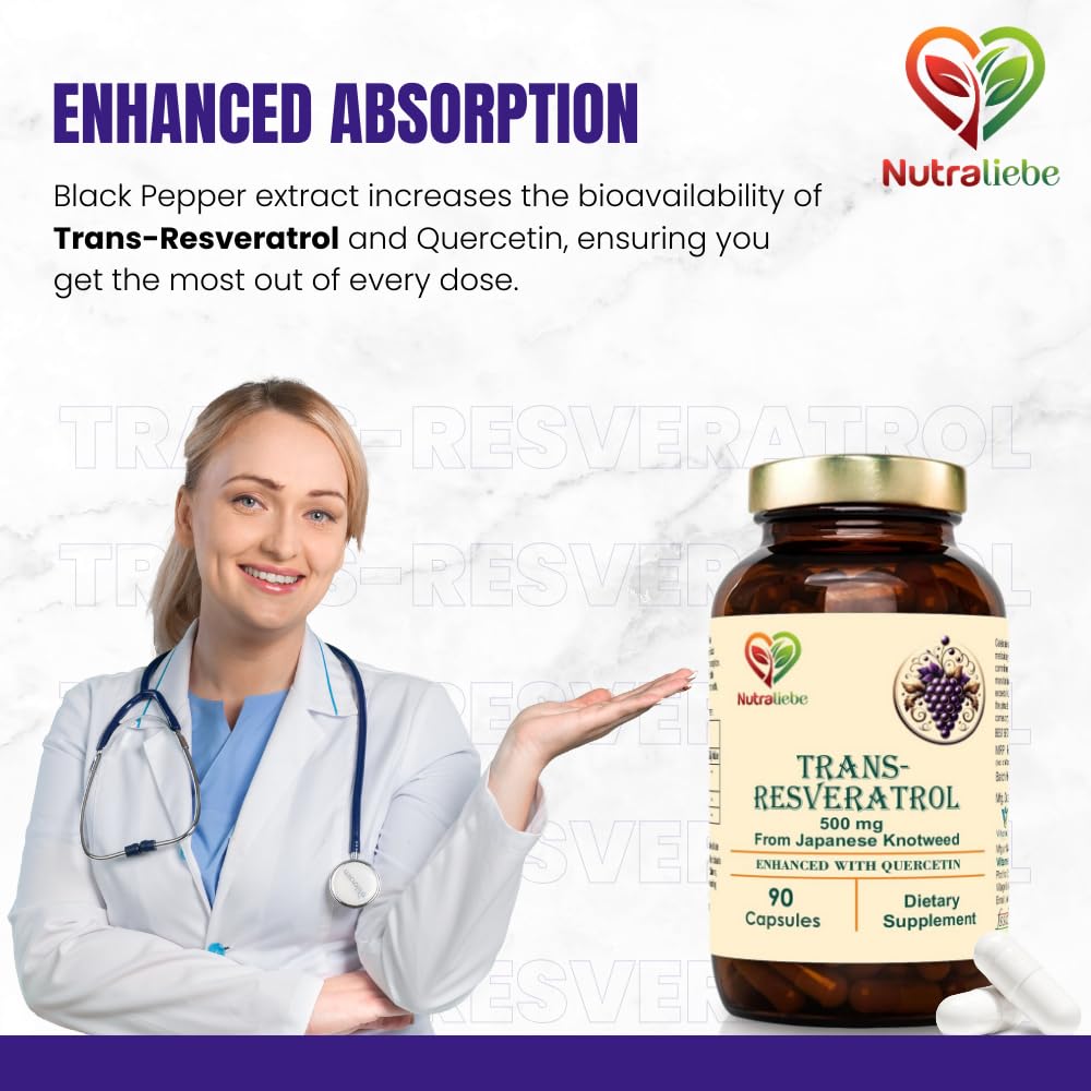 Nutraliebe Trans-Resveratrol 500mg with Quercetin & Black Pepper - Advanced Antioxidant Support from Japanese Knotweed, 90 Capsules