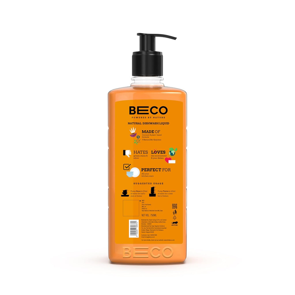 Beco Natural Dishwash Liquid-750ml |Orange Citrus Freshness| 100% Ecofriendly-Tough Grease removal Antibac formula| Leaves No residue, Baby & Pet Safe