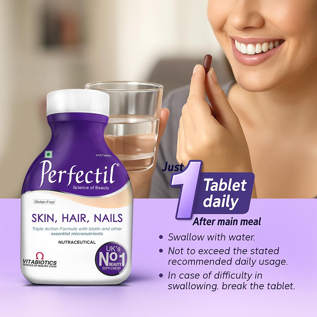 Perfectil Skin Hair Nails Multivitamin Tablets (2 Months Pack) | Triple Action Formula with Biotin, Grape Seed Extract, L-Cysteine & 19 Micronutrients | Daily Multivitamin & Nutritional Supplement | Gluten Free | 60 Tablets | 1,079mg Per Tablet