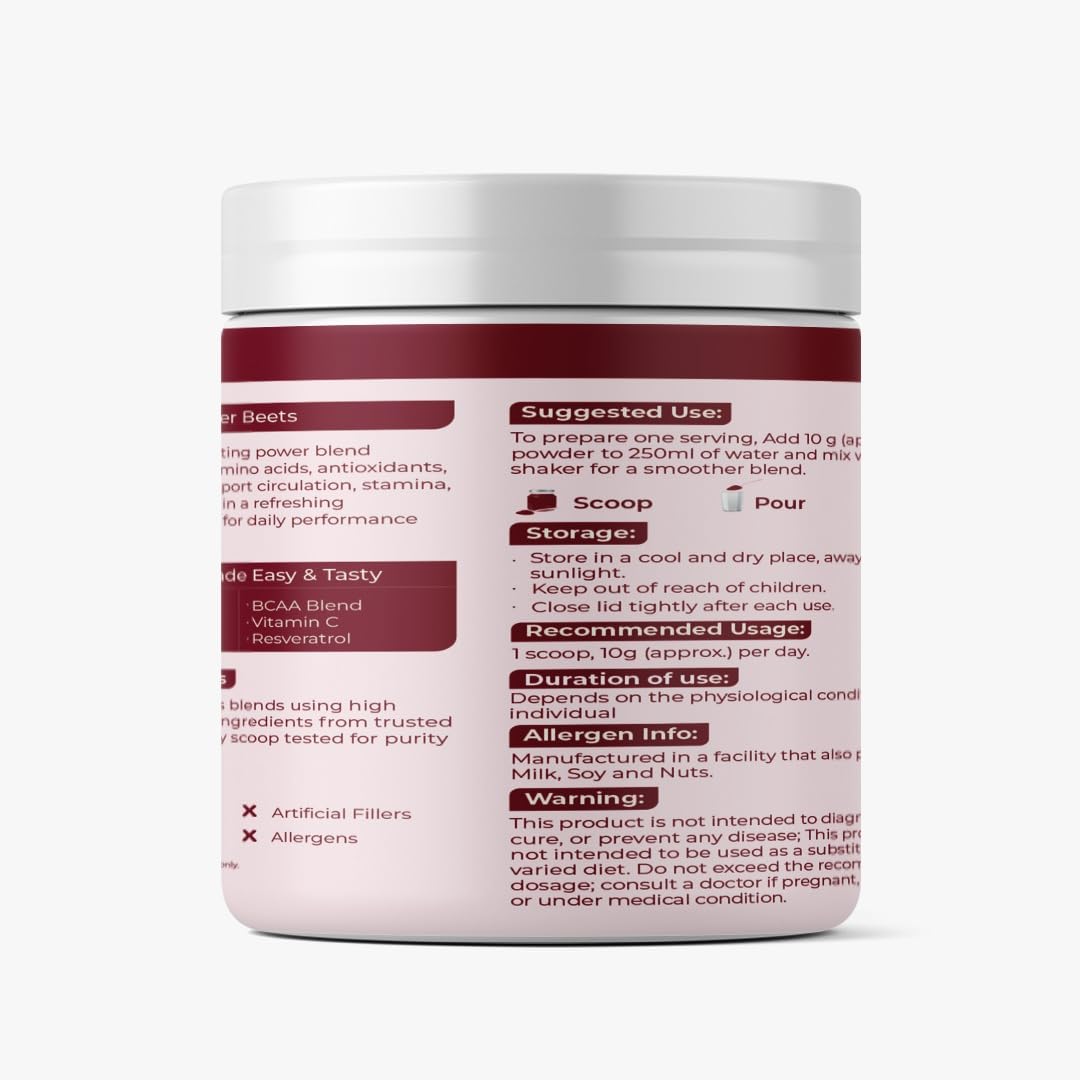 Rooted Actives Power Beets (250 grams) - Organic Beet root powder with L arginine,L Carnitine,BCAA,Reservatrol & Stevia|Heart,Endurance,Nitric oxide booster| Beets Powder Supplement & Pre Workout