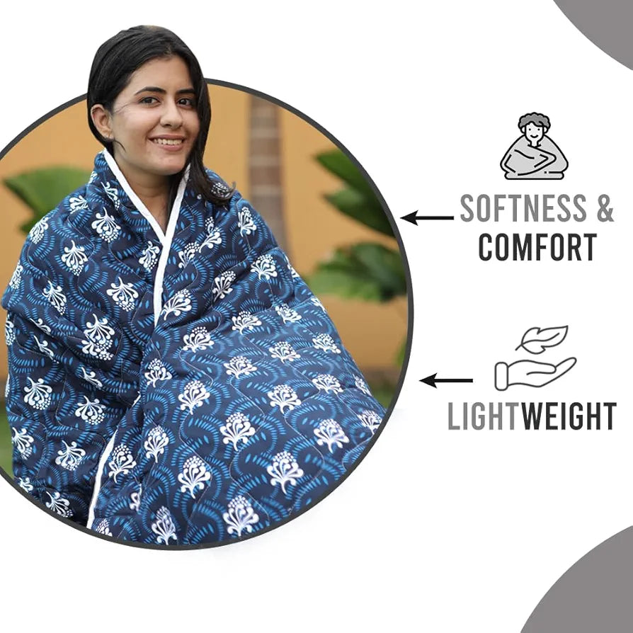Divine Casa Microfibre Mild Winter Lightweight 120 GSM Printed Reversible Double Bed Size Quilt Comforter Blanket TC - 144 Colour Navy Blue and White