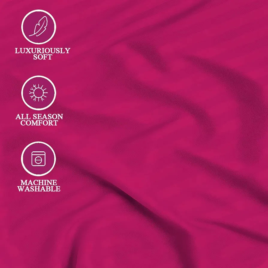Trance Home Linen 100% Cotton 78x66 inch 200TC Satin Stripe Elastic Fitted Bedsheet Daily Use Double Bed Fitted Bedspread with 2 Pillow Covers Colour Dark Pink