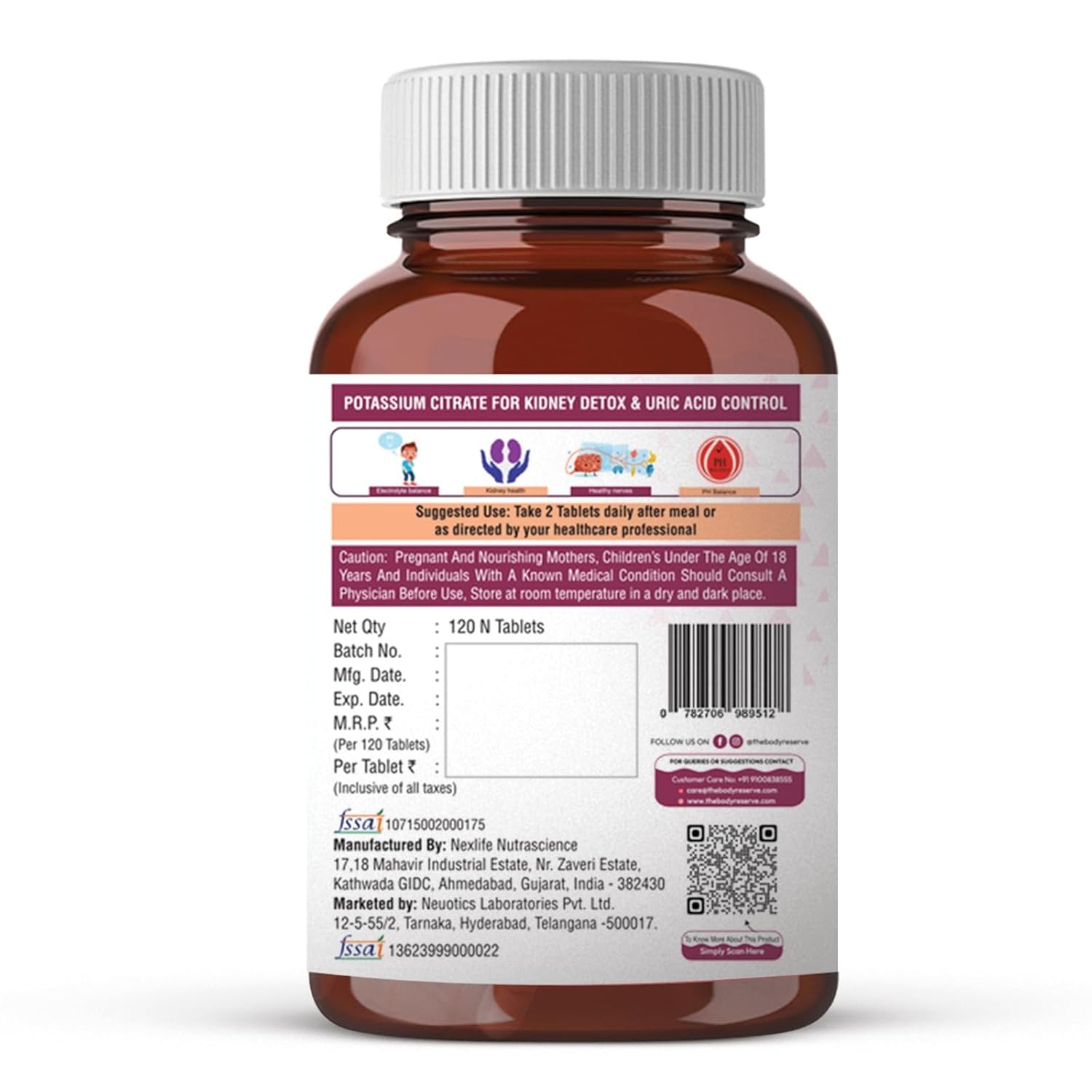 The Body Reserve Potassium Citrate Tablets-120, Potassium supplements for healthy kidney function pH Balance Boosts Electrolyte Levels for Hydration & wellness