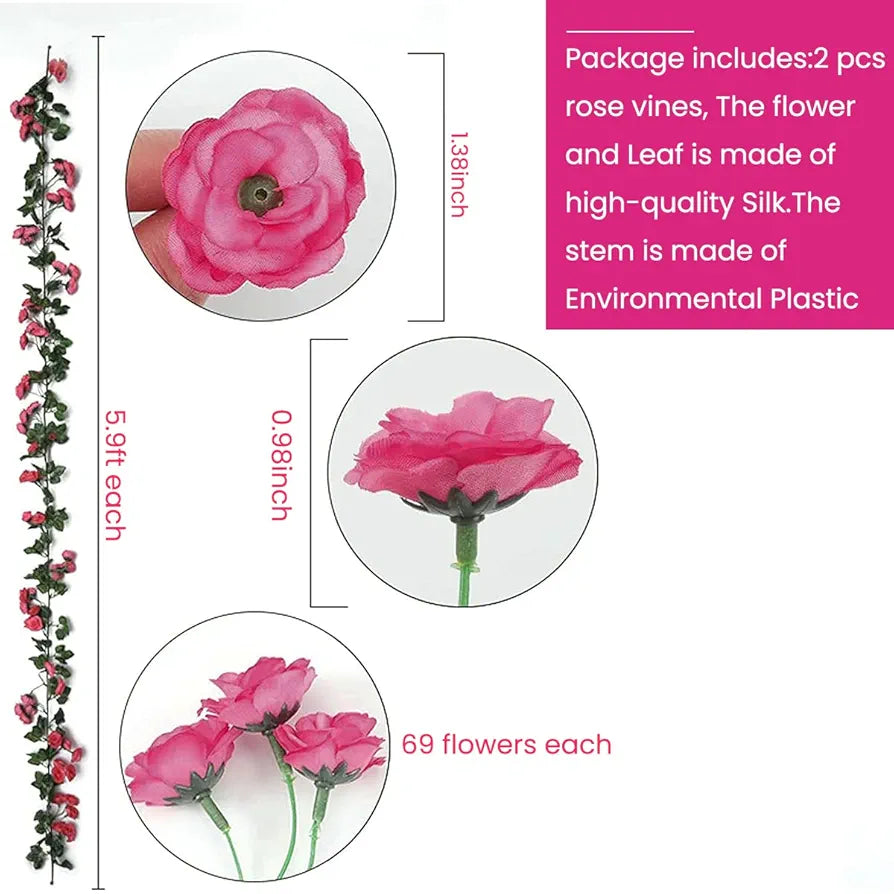 Plastic Artificial Rose Flowers Vine Garland 1.8M Rose Red