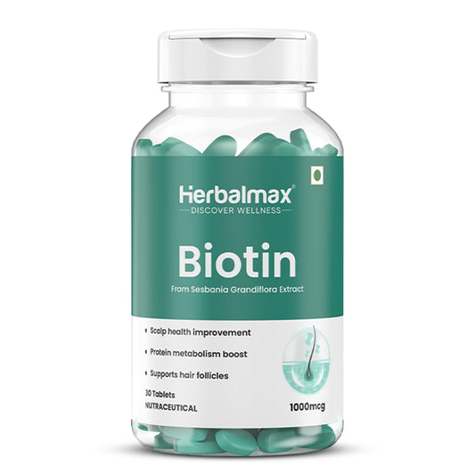 Herbalmax Biotin Tablets for Hair Growth | 10000 mcg Biotin Tablet with Sesbania Grandiflora Extract â€“ Hair Strength & Vitamin B7 Hair Care for Men & Women | 30 Veg Tablets