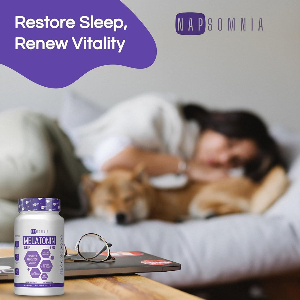 NAPSOMNIA Melatonin for Sleeping for Men & Women - Sleep Melatonin -Valerian Root Extract - Vegetarian 3mg Melatonin 60 Capsules - Sleep Aid for Adults - Deep Sleep Supplements to Ease Jet Lag Strain