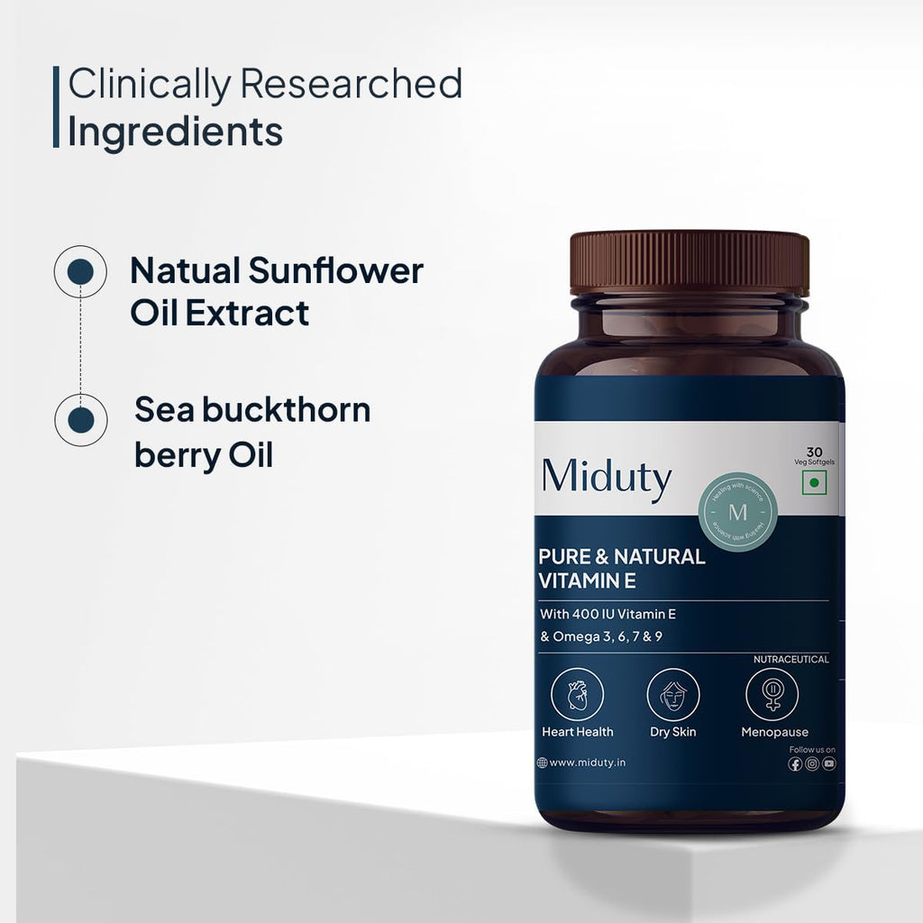 Miduty by Palak Notes Pure Natural Vitamin E Capsules, Enhanced with Omega-3-6 - 7-9 - Sea Buckthorn Berry Oil - Boosts Immunity - Balance cholesterol - Better Heart health - 30 Softgel