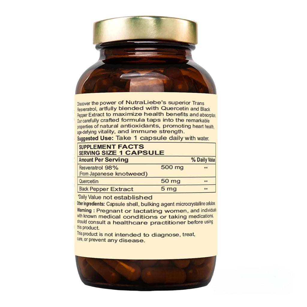 Nutraliebe Trans-Resveratrol 500mg with Quercetin & Black Pepper - Advanced Antioxidant Support from Japanese Knotweed, 90 Capsules