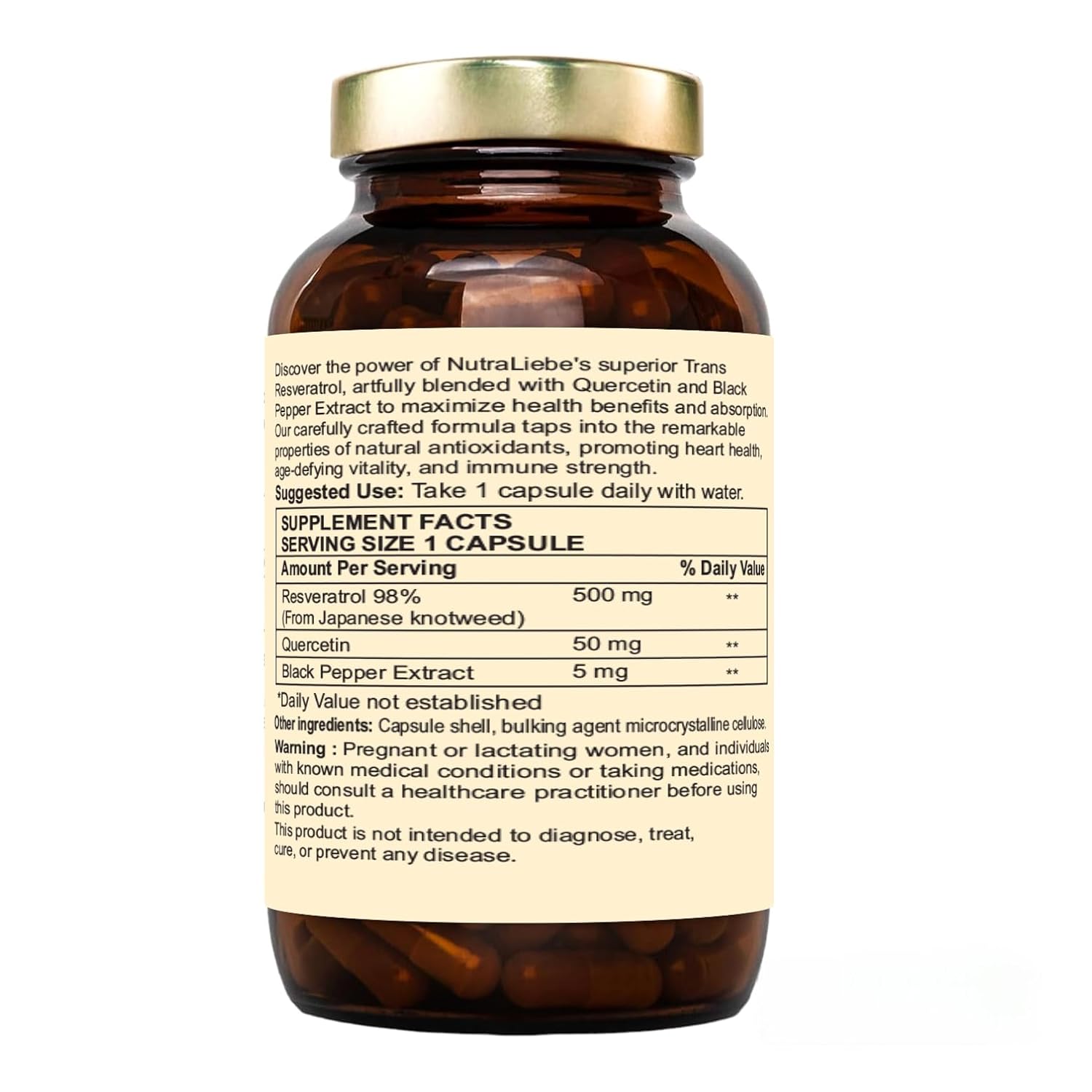 Nutraliebe Trans-Resveratrol 500mg with Quercetin & Black Pepper - Advanced Antioxidant Support from Japanese Knotweed, 90 Capsules