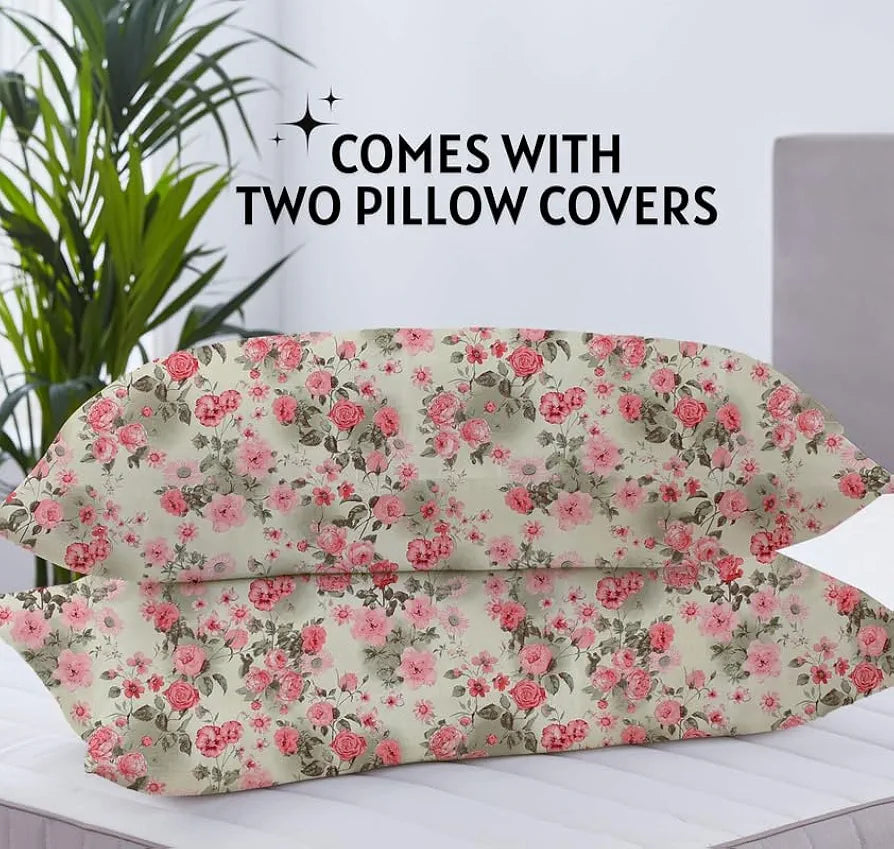 HomeKart Floral Printed Cotton Feel Double Bedsheet with 2 Pillow Covers 200 Tc Soft Premium Printed Bedsheet for Home Bedroom Green & Pink