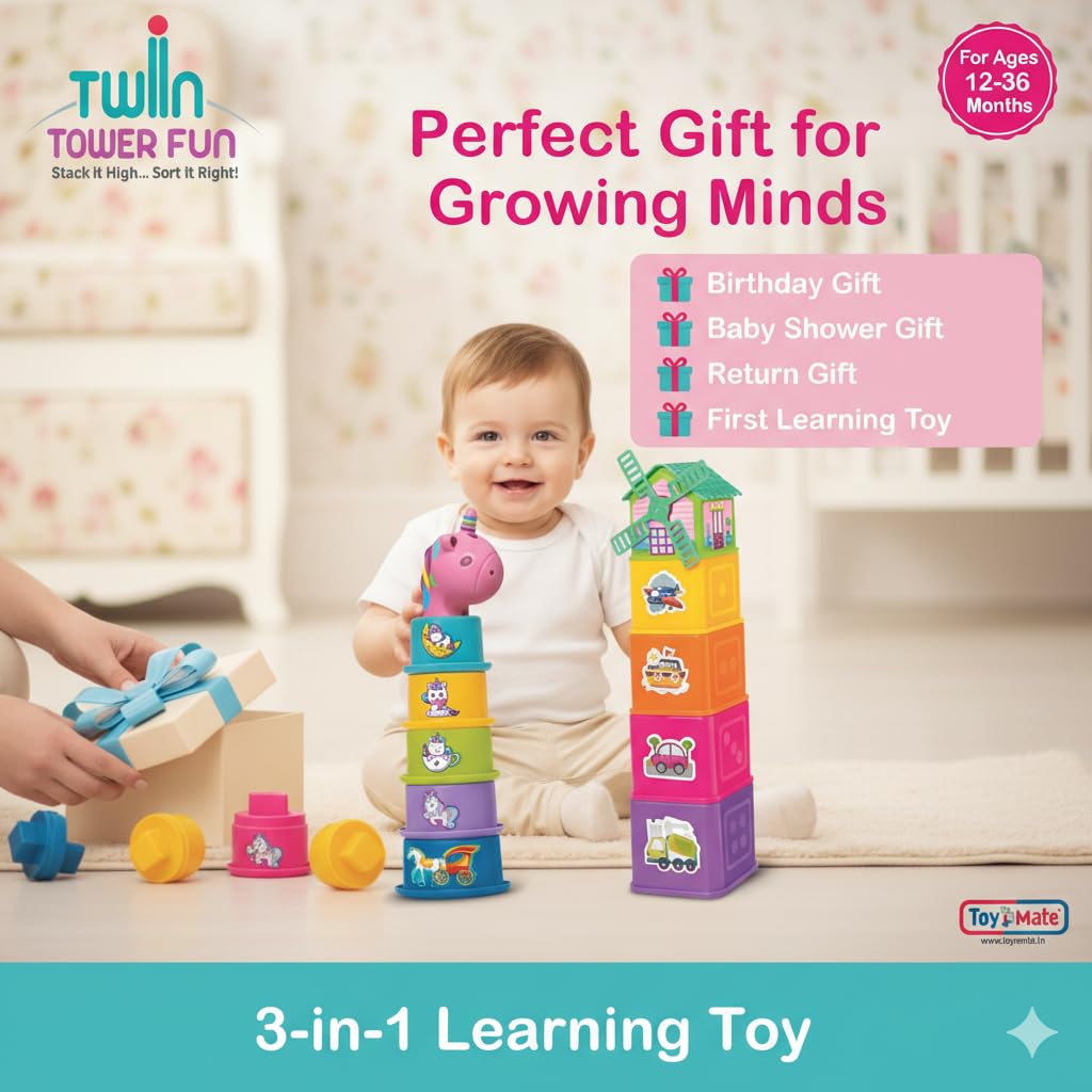 Toymate Twin Tower Fun 3-in-1 Stacking & Sorting Toy for Toddlers