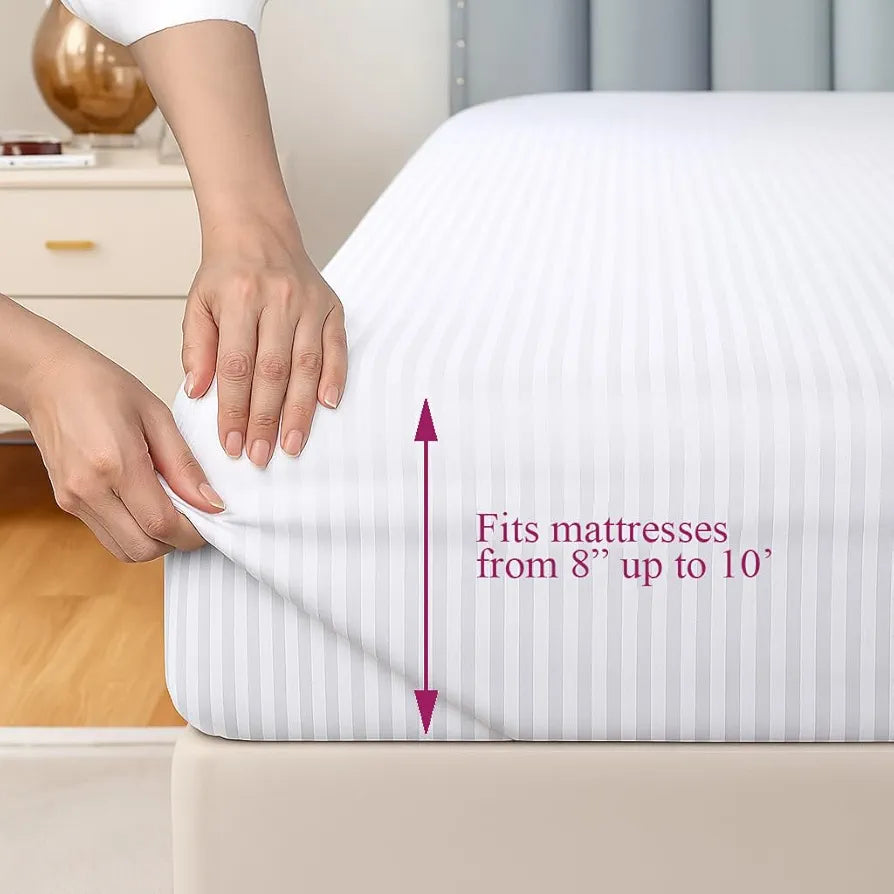 Trance Home Linen 100% Cotton 78x72 inch King Fitted 200TC Satin Stripe Elastic Fitted Bedsheet Bedroom Bedspread with 2 Pillow Covers 78"x72" | 6.5x6 feet Colour White