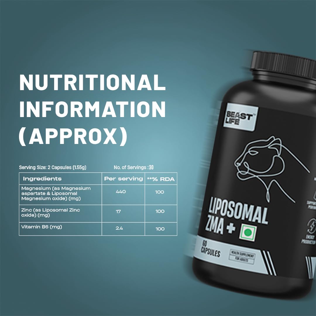BeastLife Liposomal ZMA | Zinc Magnesium Aspartate Capsules | Ultra Absorption | Muscle Repair, Sleep Quality, Stress & Mood Balance | Metabolic & Immune Support | 60 Capsules