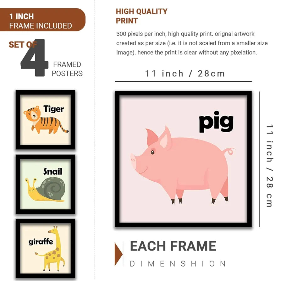 Kotart Animal Names Frames for Kids Room Decor Set of 4