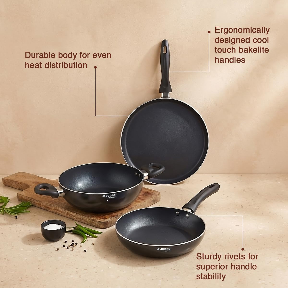 Judge by Prestige Ace Non-Stick BYK Set 20cm Kadai+Frypan+Omni Tawa 3 Piece