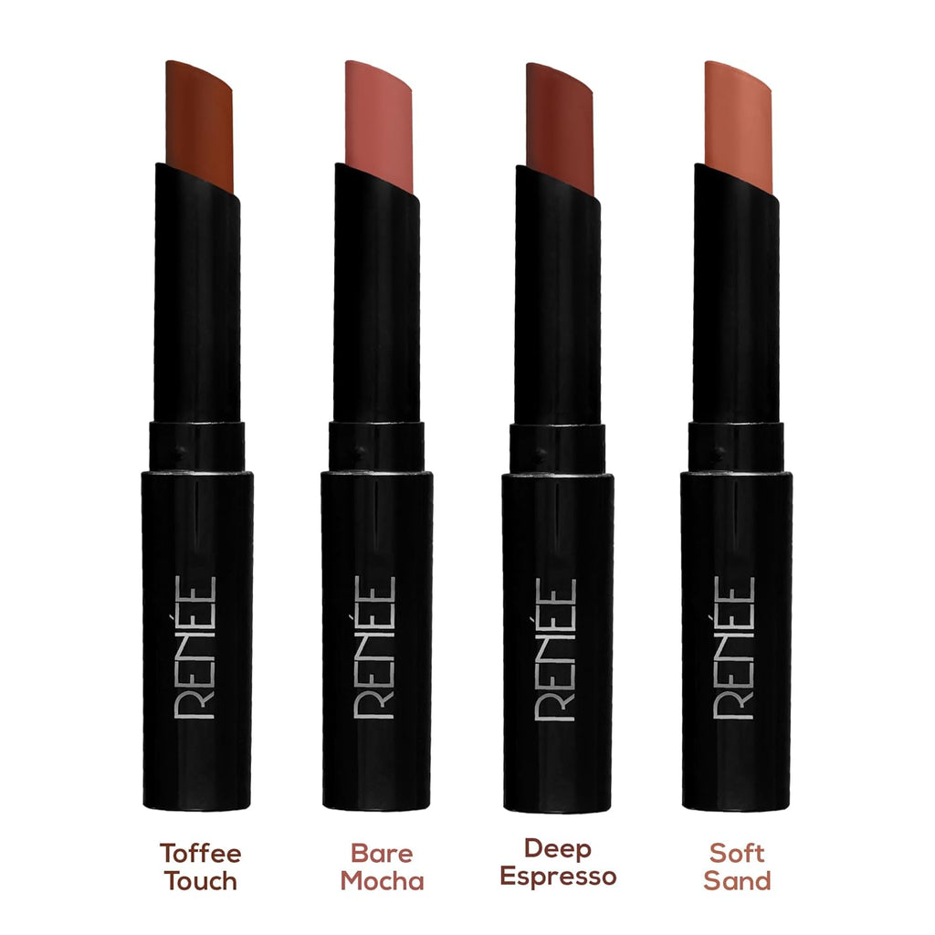 RENEE Very Matte Pack of 4 Matte Lipsticks - Nudes, Intense Color Pay Off, Full Coverage, Long Lasting & Weightless, Easy Glide Formula With Velvety Finish, Suitable for All Occasion & Gifting