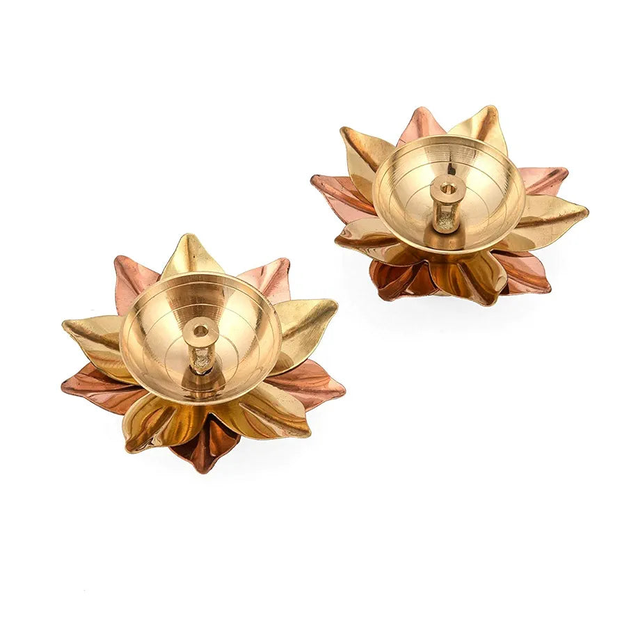 Collectible India Brass Diya Lamp Lotus Shape Decorative Akhand Deepak for Pooja - Set of 2