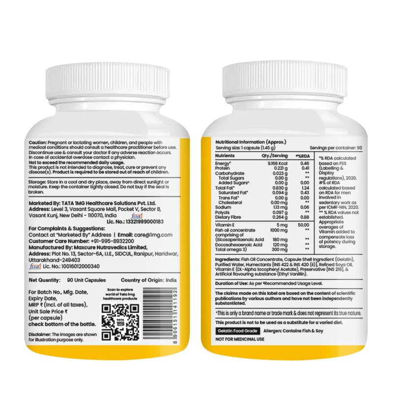 Tata 1mg Salmon Omega 3 Fish Oil Supplements 1000mg Capsules | Triglyceride form | 180mg EPA & 120mg DHA | High Absorption for Heart,Brain & Joints | Helps Manage Cholesterol